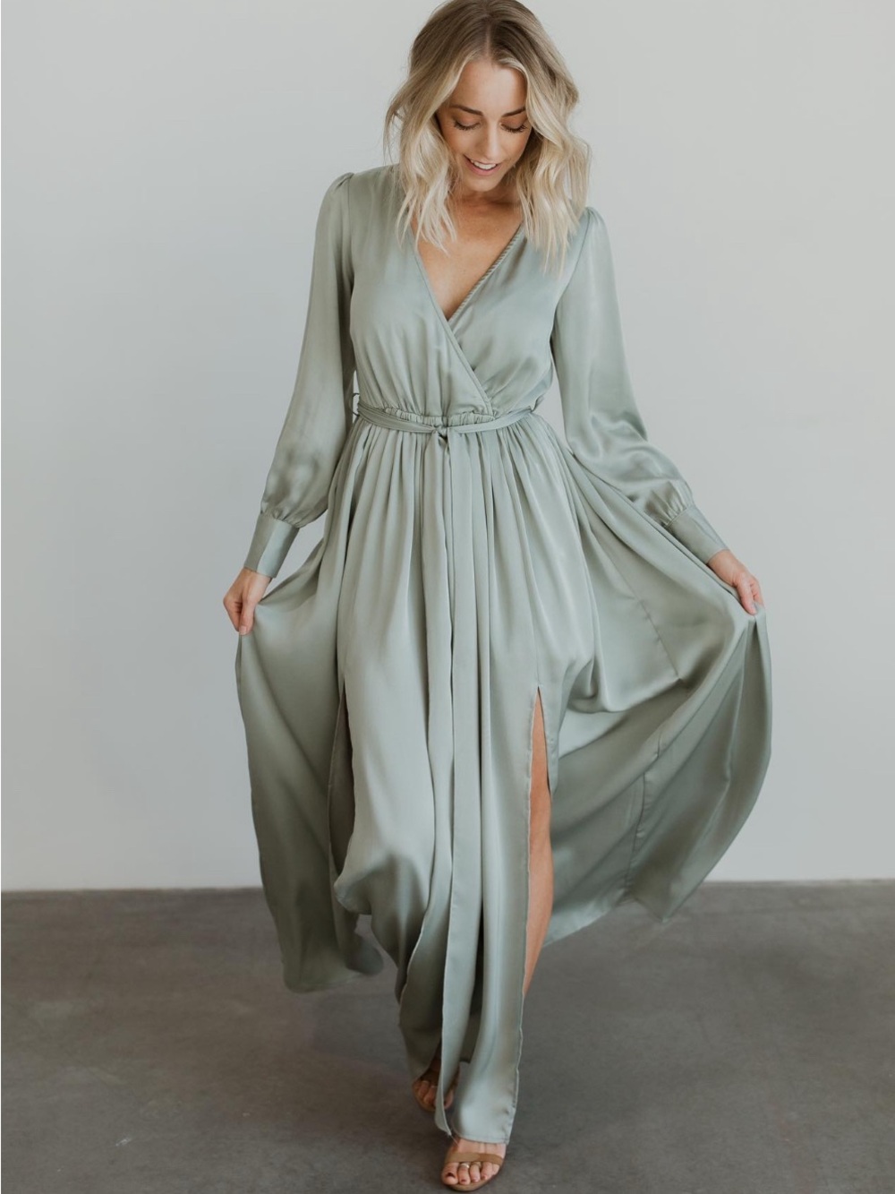 Baltic Born Jenna Sage Maxi Dress with Faux Pearl button Cuffs